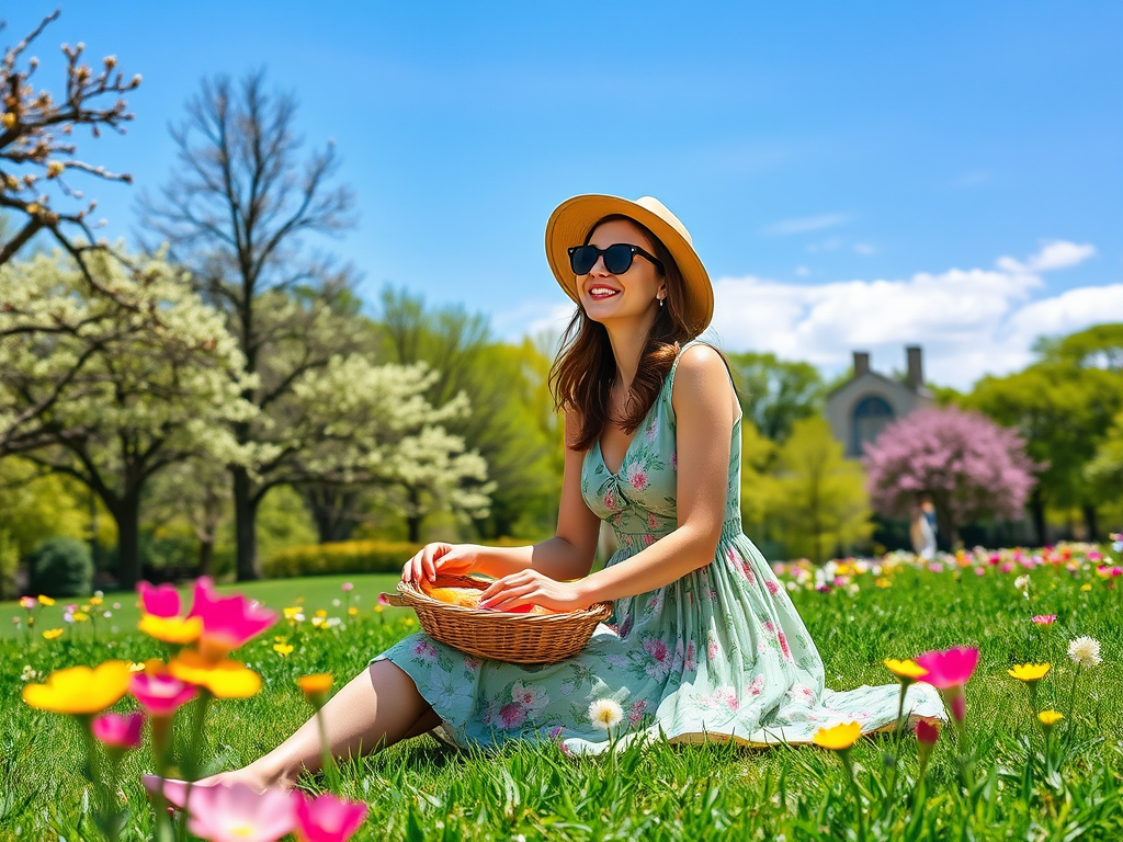 Une jeune femme souriante en robe à fleurs, assise dans un parc ensoleillé, entourée de fleurs colorées.