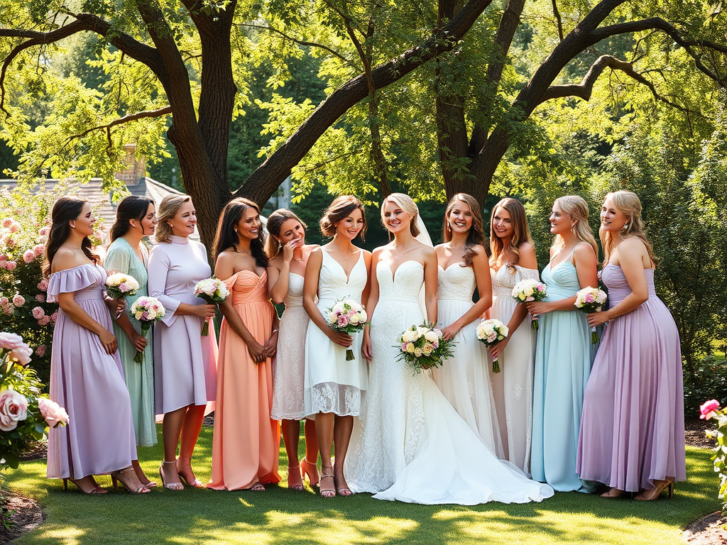 Un groupe de jeunes femmes en robes élégantes, souriantes, posent ensemble avec des bouquets de fleurs dans un jardin.