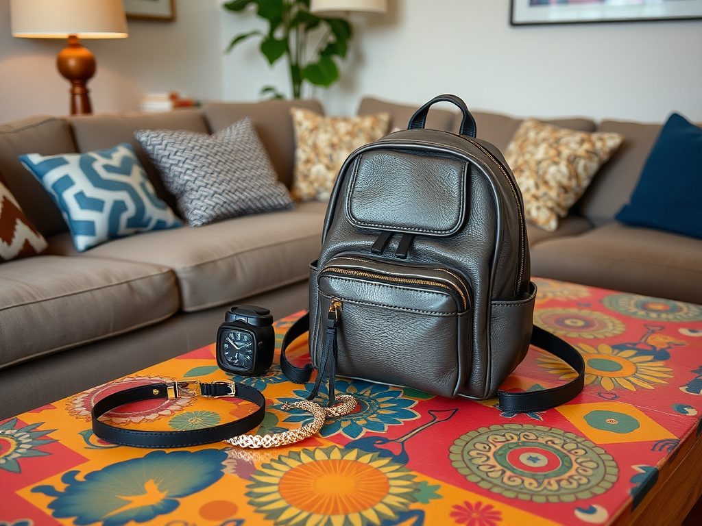 Un petit sac à dos noir, une montre et un collier sur une table colorée dans un salon confortable.