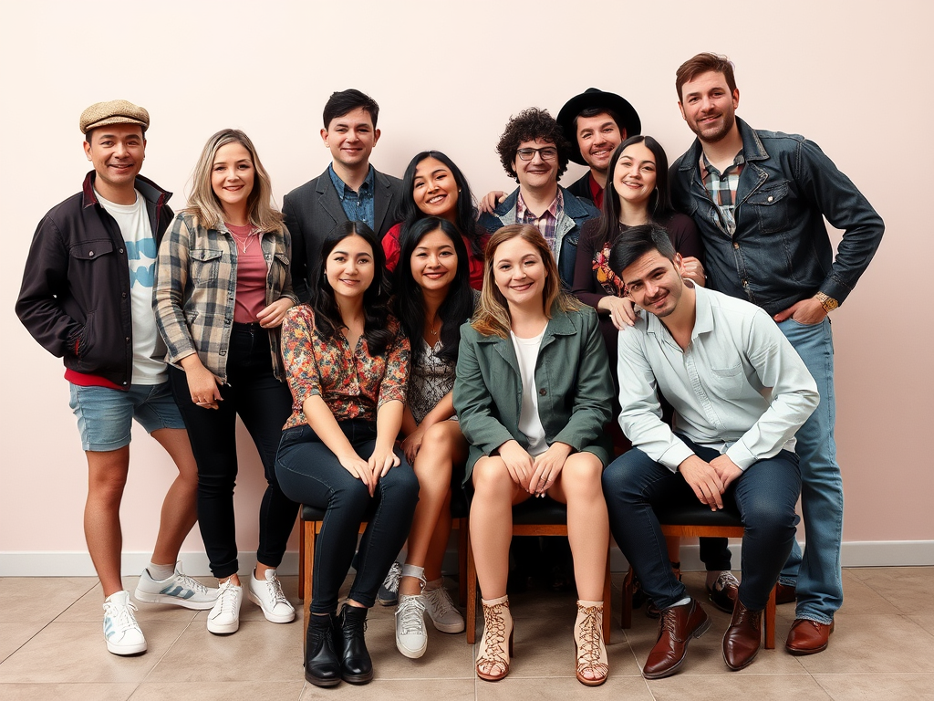 Un groupe de douze personnes souriantes posant ensemble, vêtues de vêtements tendance, sur fond rose clair.