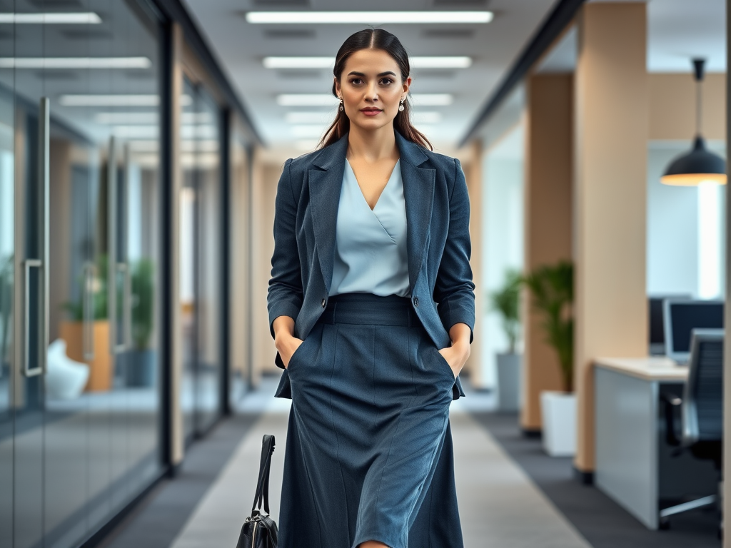 Une femme en tailleur bleu marche dans un bureau moderne, avec des plantes et des postes de travail en arrière-plan.