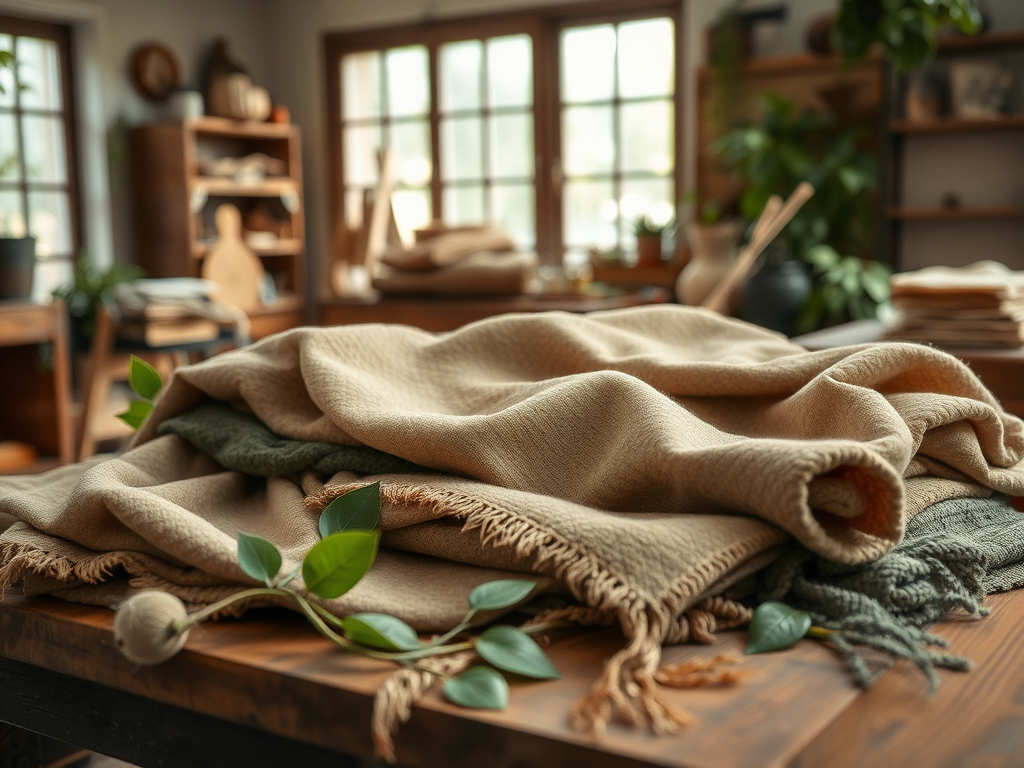 Des plaids en laine aux teintes neutres, soigneusement pliés sur une table en bois, entourés de plantes.