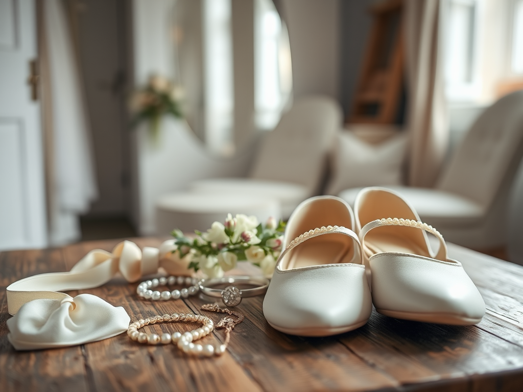 Une paire de chaussures blanches avec des accessoires de mariage, posée sur une table en bois. Décor élégant.