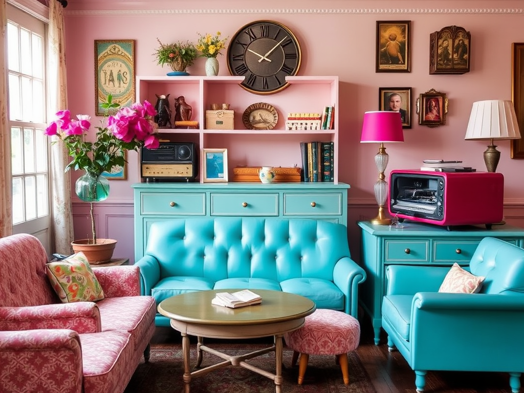 Un salon coloré avec un canapé turquoise, des fleurs roses et des éléments vintage sur un mur rose.