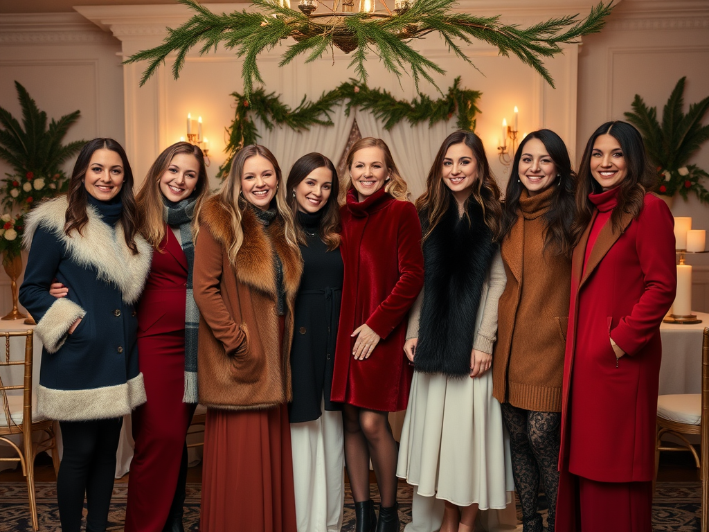 Un groupe de huit femmes souriantes, vêtues de manteaux élégants, posant dans une salle décorée pour les fêtes.