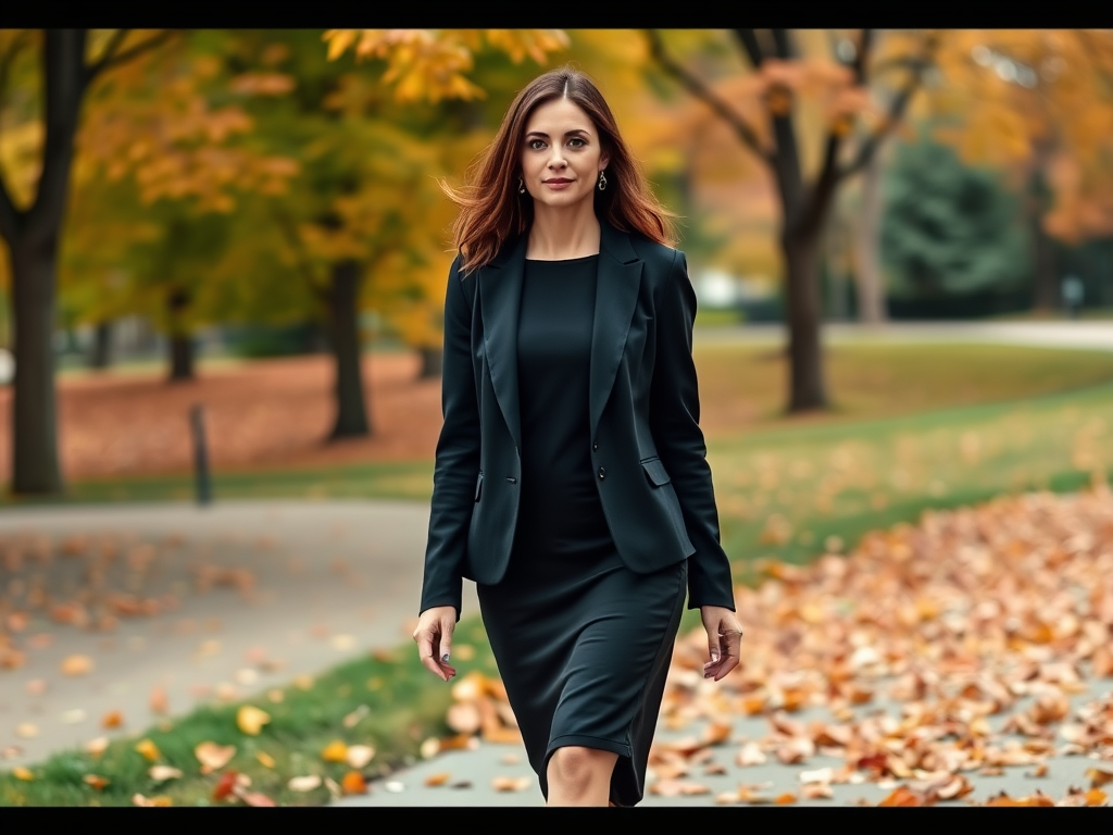 Une femme élégante en costume noir marche dans un parc avec des feuilles d'automne autour d'elle.