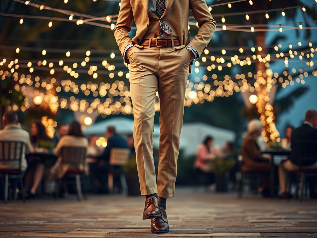 Un homme en costume clair marche dans un lieu festif illuminé par des guirlandes lumineuses, ambiance élégante.