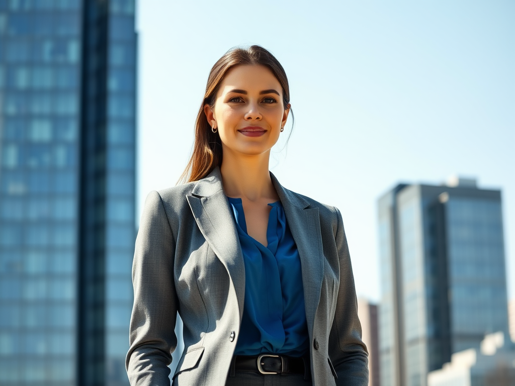 Femme d'affaires confiante en costume, souriante, devant des gratte-ciels modernes sous un ciel bleu.