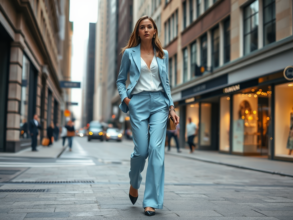 Une femme en costume bleu clair marche dans une rue animée, entourée de boutiques et de personnes.