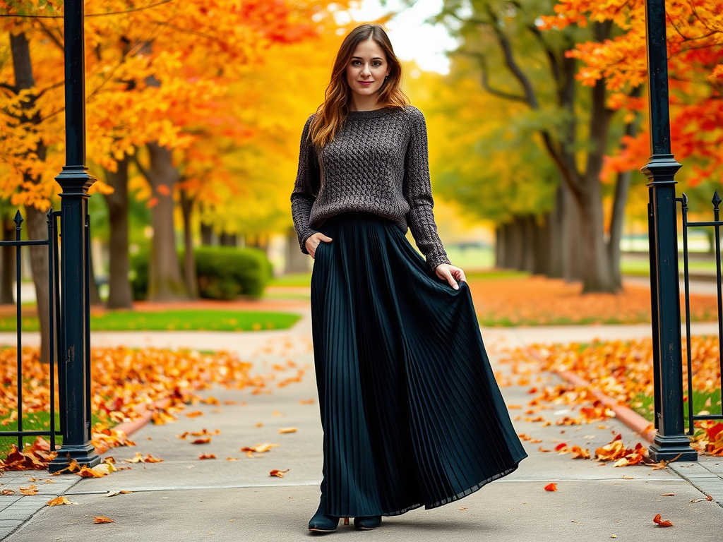 Une femme souriante en pull gris et jupe longue noire se tient sur un chemin bordé d'arbres aux feuilles d'automne.