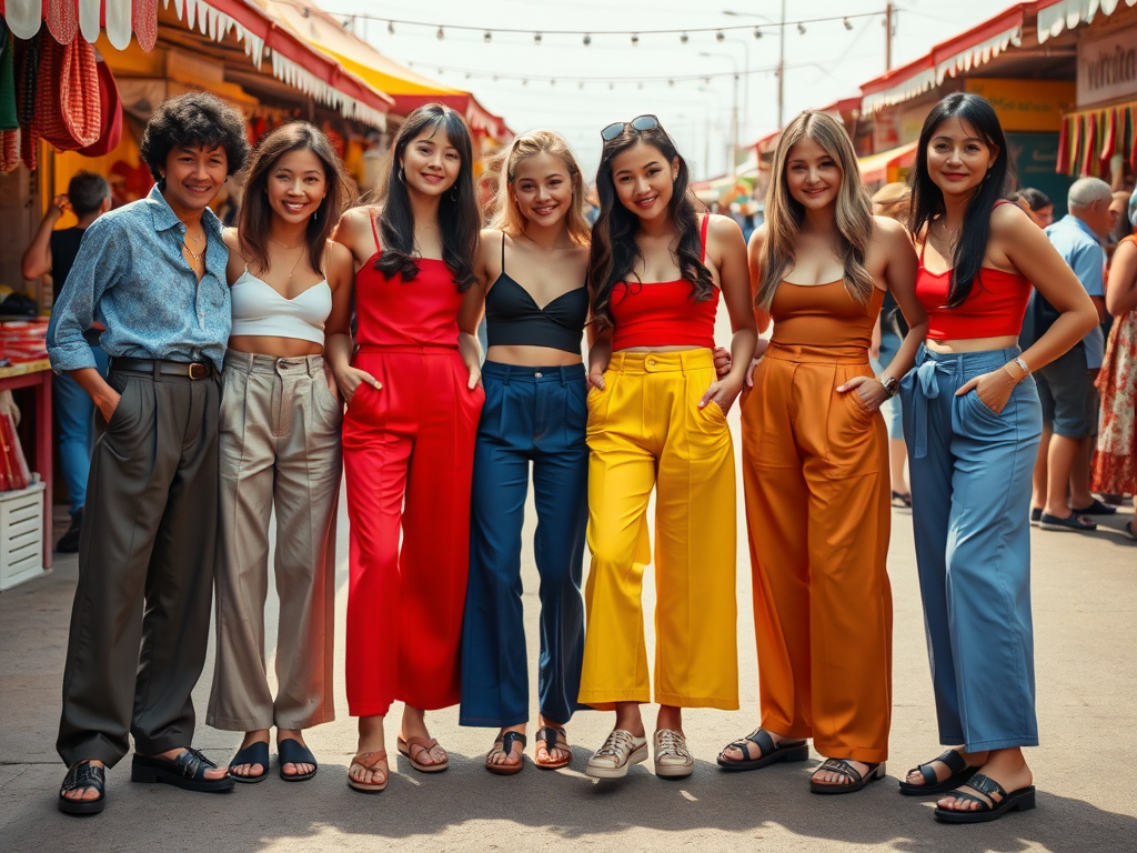 Sept personnes souriantes posent dans un marché coloré, vêtues de tenues typiques d'été.