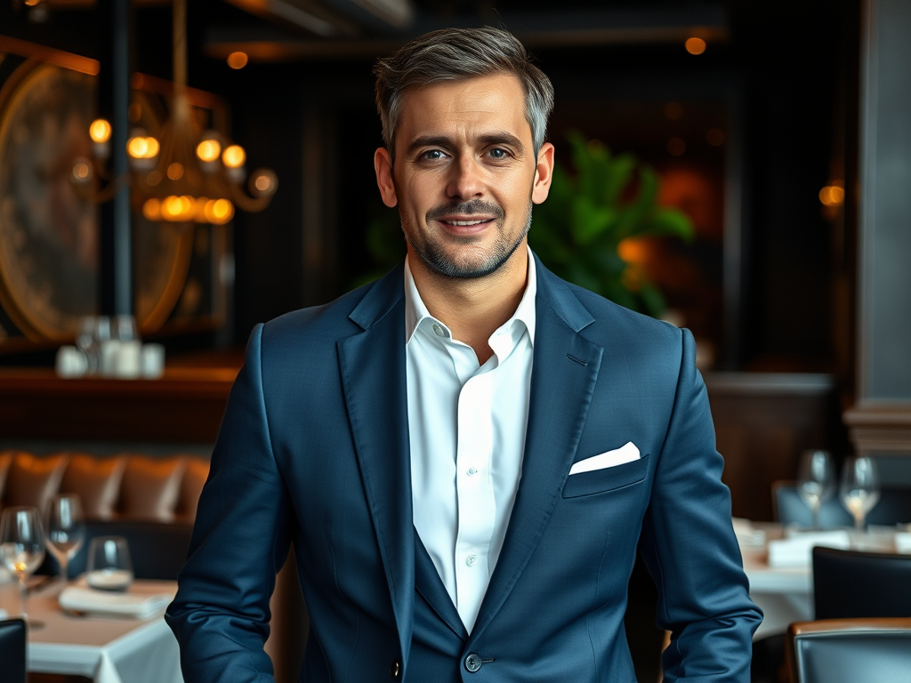 Un homme souriant en costume bleu, se tenant dans un restaurant élégant, avec des tables et des lumières en arrière-plan.