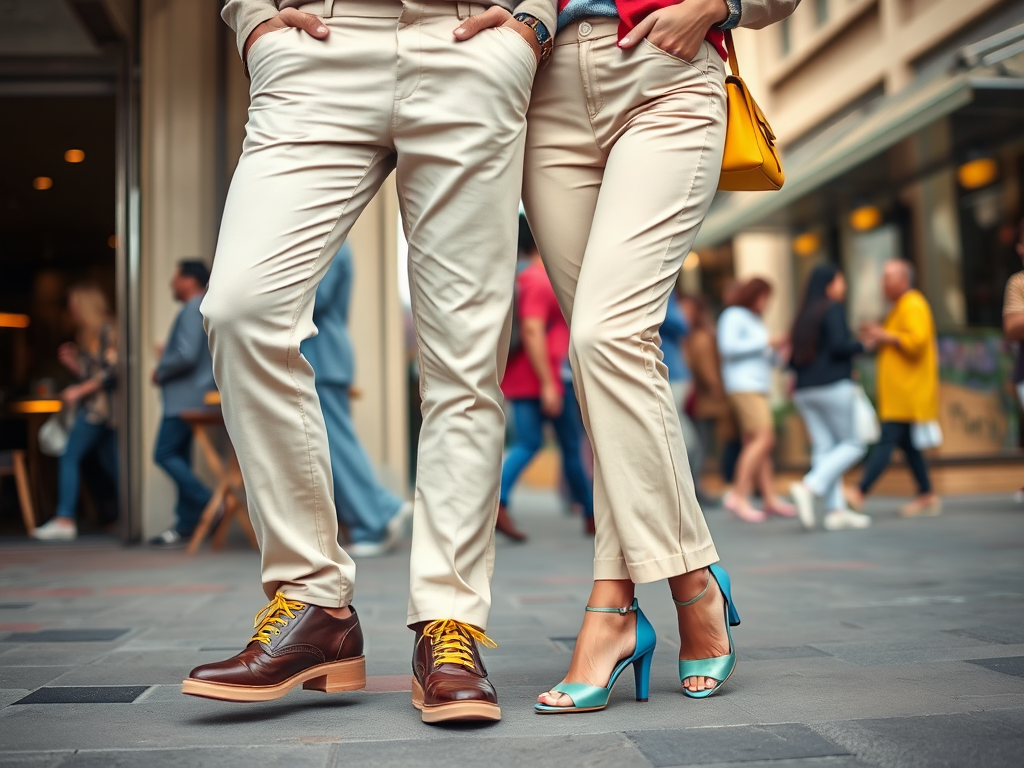 Deux personnes se tenant côte à côte, portant des pantalons beiges et des chaussures élégantes, dans une rue animée.