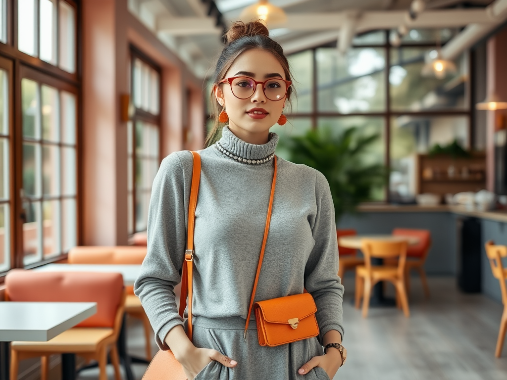 Une femme souriante porte un pull gris et un sac orange, se tenant dans un café lumineux et moderne.