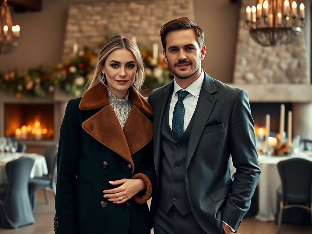 Un couple élégant se tient devant une salle décorée, souriant avec confiance, prêts pour une occasion spéciale.