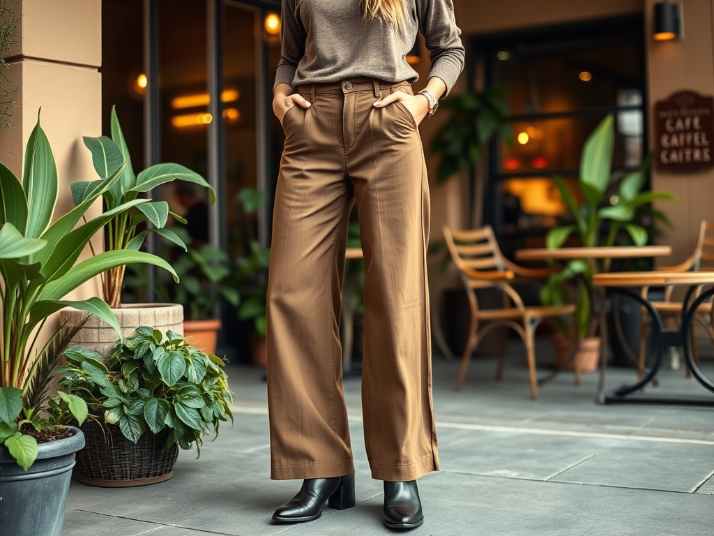 Une femme en pantalon large beige se tient devant des plantes dans un café, avec des chaises en bois en arrière-plan.