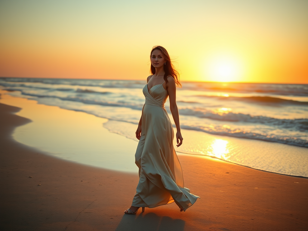 Une femme en robe élégante marche le long de la plage au coucher du soleil. Les vagues reflètent la lumière dorée.